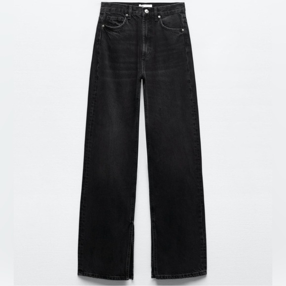 Zara Denim - Zara Split Wide Leg TRF Black Jeans | Straight Loose, High Rise, Full Length